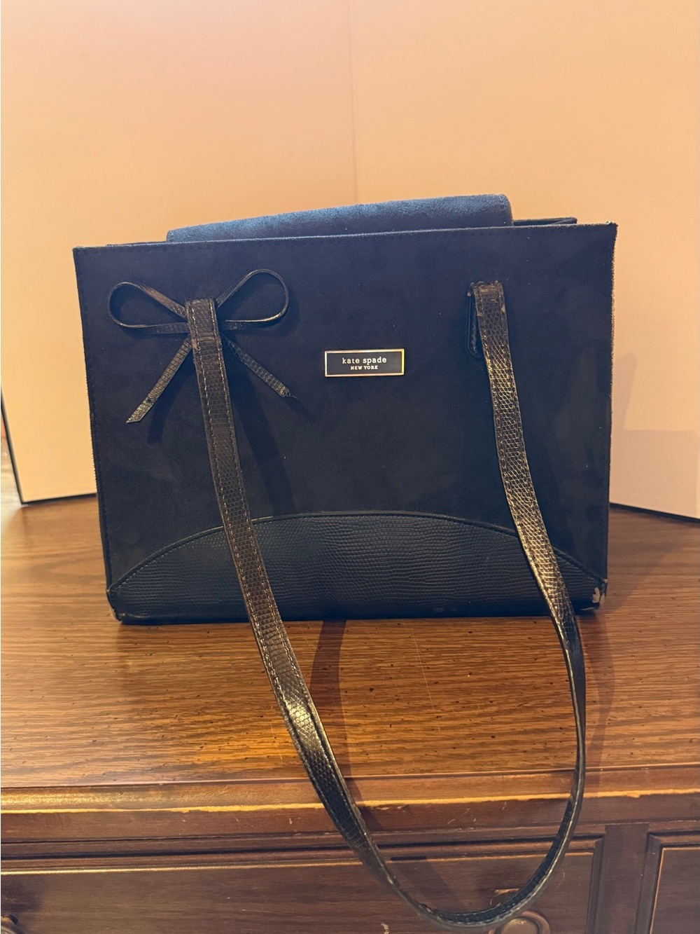 kate spade black suede & leather shoulder bag with bow